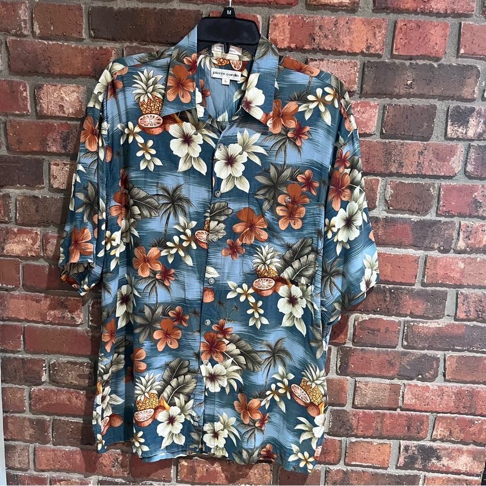 Pierre Cardin mens rayon tropical Hawaiian style shirt blue large
